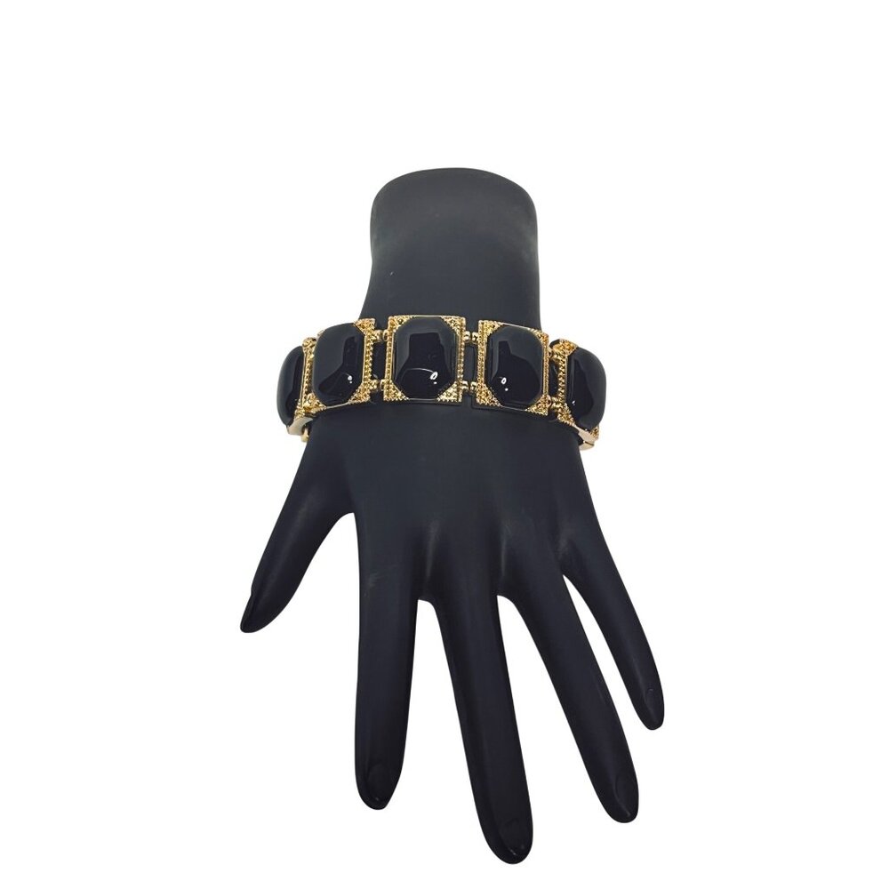 Gold Tone With Smooth Black Cabochons Stretch Bracelet (6238)